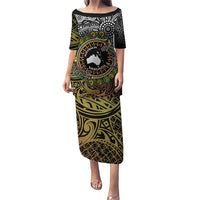 Personalised Australia And Vanuatu Puletasi Aboriginal Lizard Polynesia Ni-Van Pig Tusk LT14 Long Dress Black - Polynesian Pride