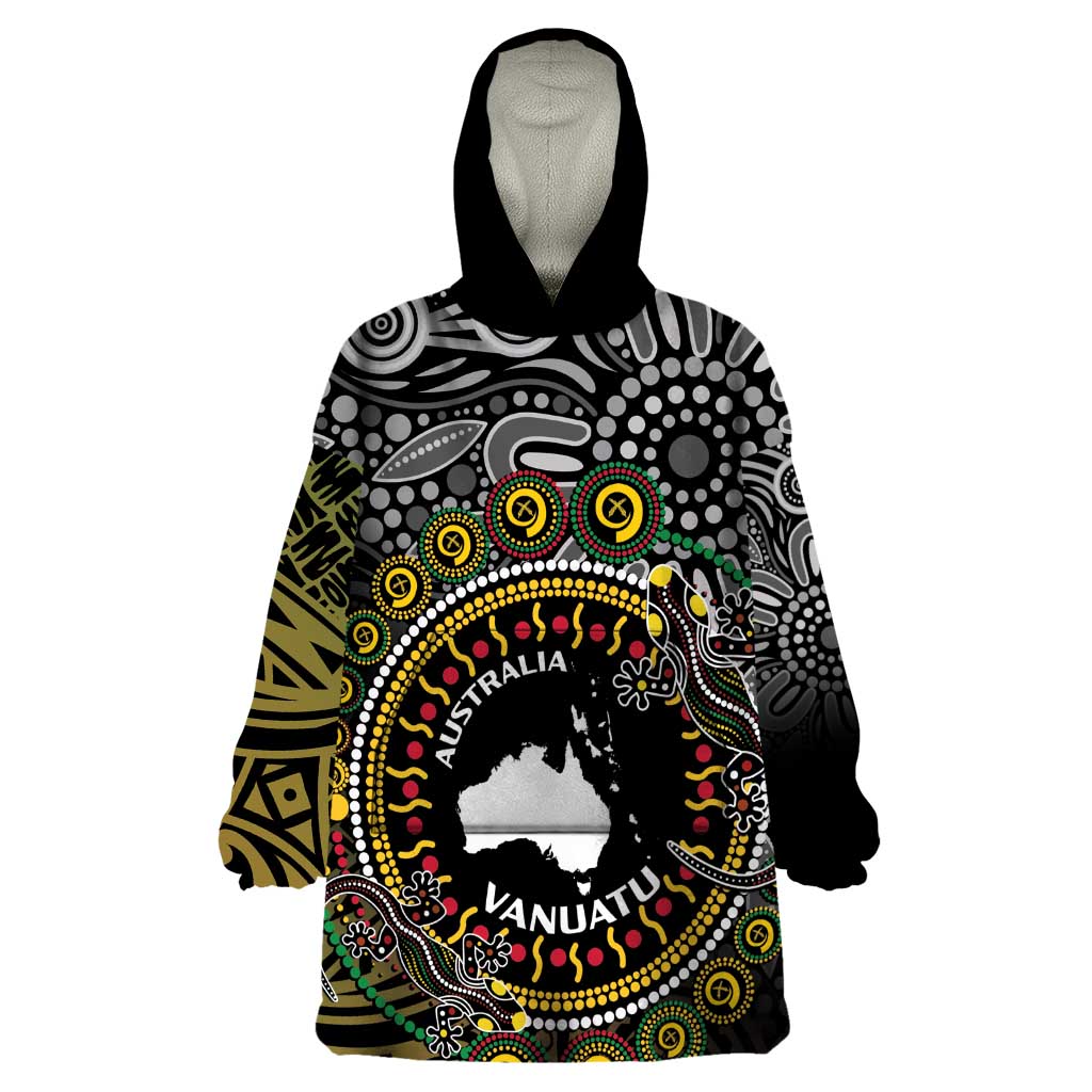 Personalised Australia And Vanuatu Wearable Blanket Hoodie Aboriginal Lizard Polynesia Ni-Van Pig Tusk LT14 One Size Black - Polynesian Pride