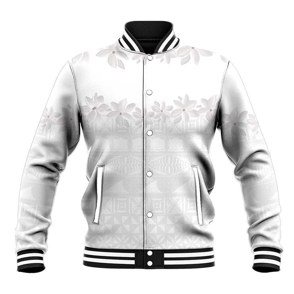 Tokelau White Sunday Baseball Jacket Polynesian Pattern Gardenia Thunbergia