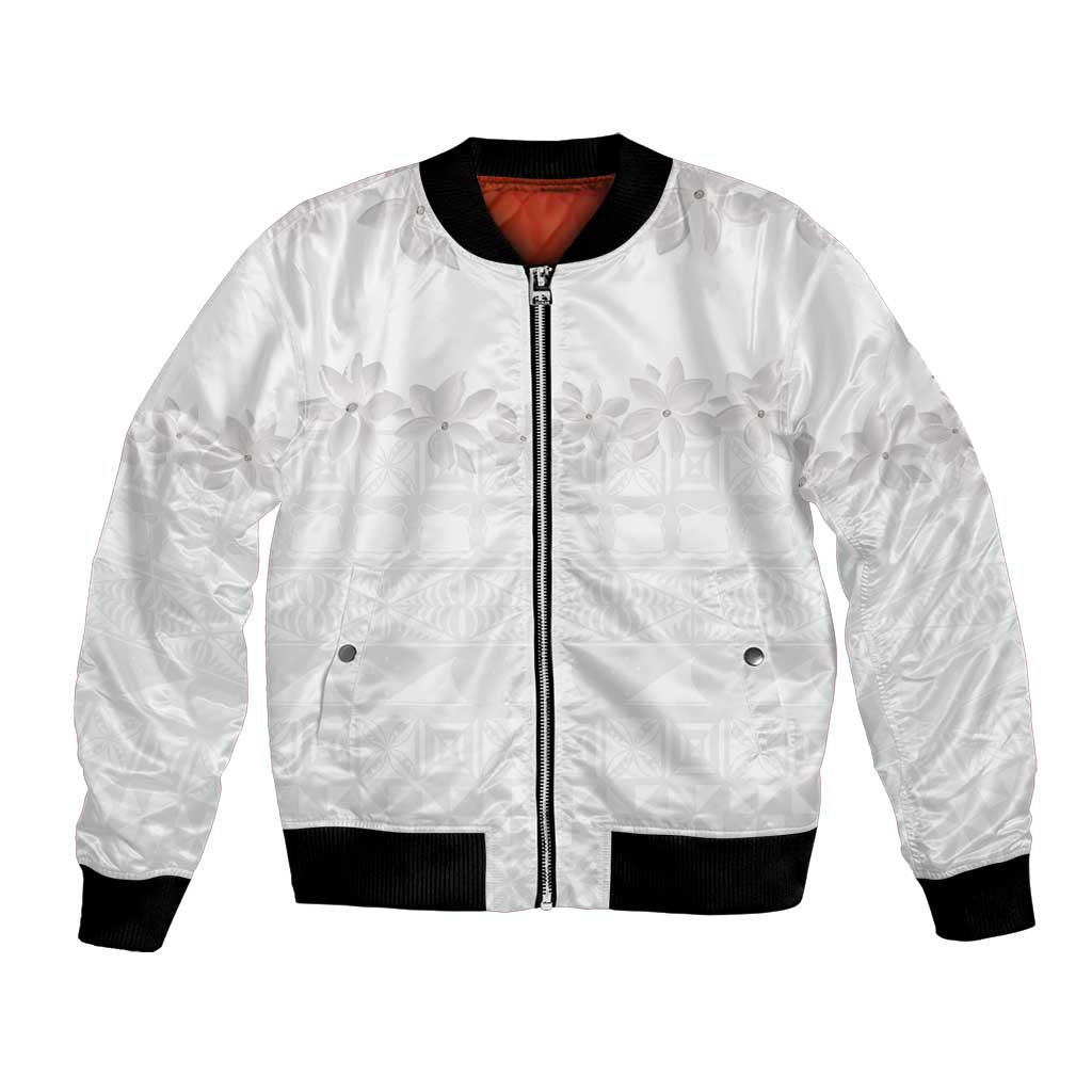 Tokelau White Sunday Bomber Jacket Polynesian Pattern Gardenia Thunbergia LT14 Unisex White - Polynesian Pride