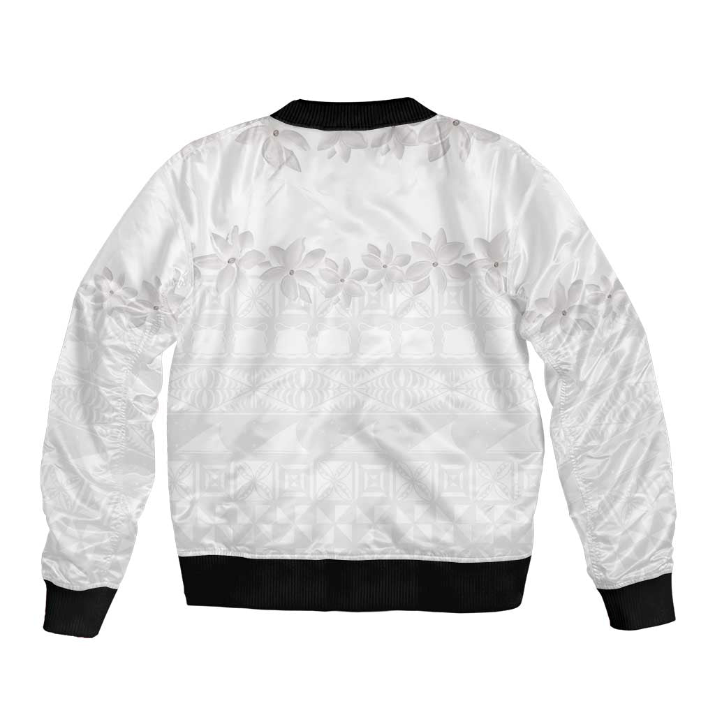 Tokelau White Sunday Bomber Jacket Polynesian Pattern Gardenia Thunbergia LT14 - Polynesian Pride