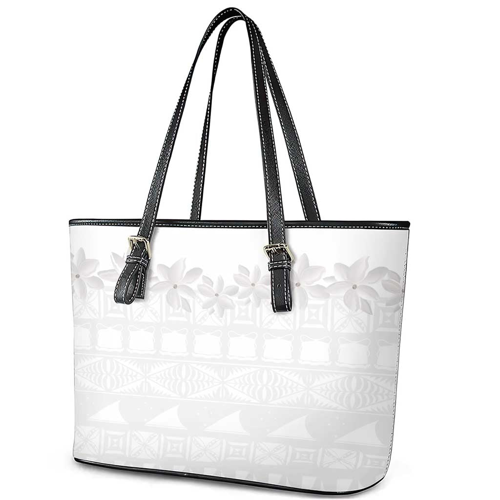 Tokelau White Sunday Leather Tote Bag Polynesian Pattern Gardenia Thunbergia LT14 - Polynesian Pride