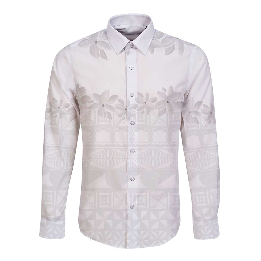 Tokelau White Sunday Long Sleeve Button Shirt Polynesian Pattern Gardenia Thunbergia