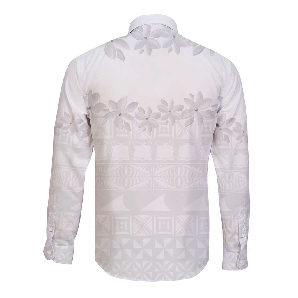 Tokelau White Sunday Long Sleeve Button Shirt Polynesian Pattern Gardenia Thunbergia LT14 - Polynesian Pride