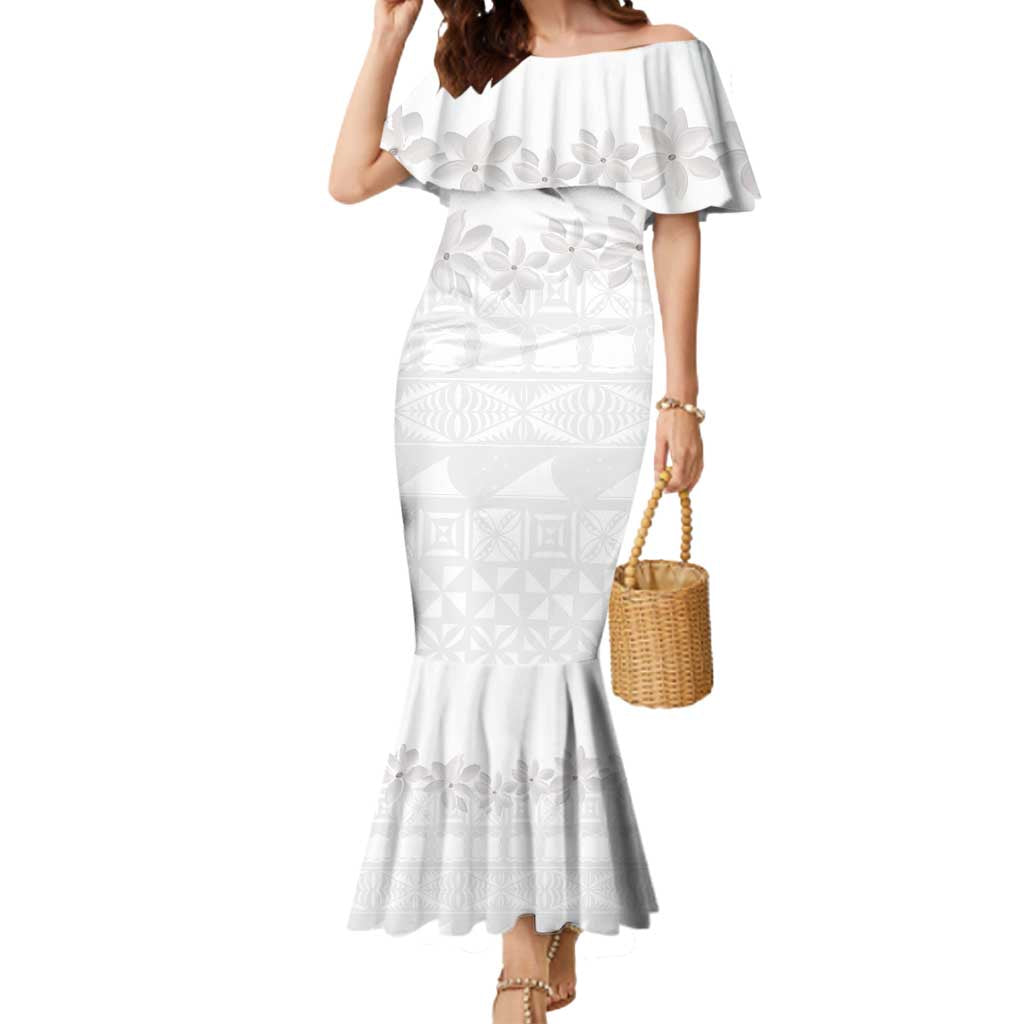 Tokelau White Sunday Mermaid Dress Polynesian Pattern Gardenia Thunbergia