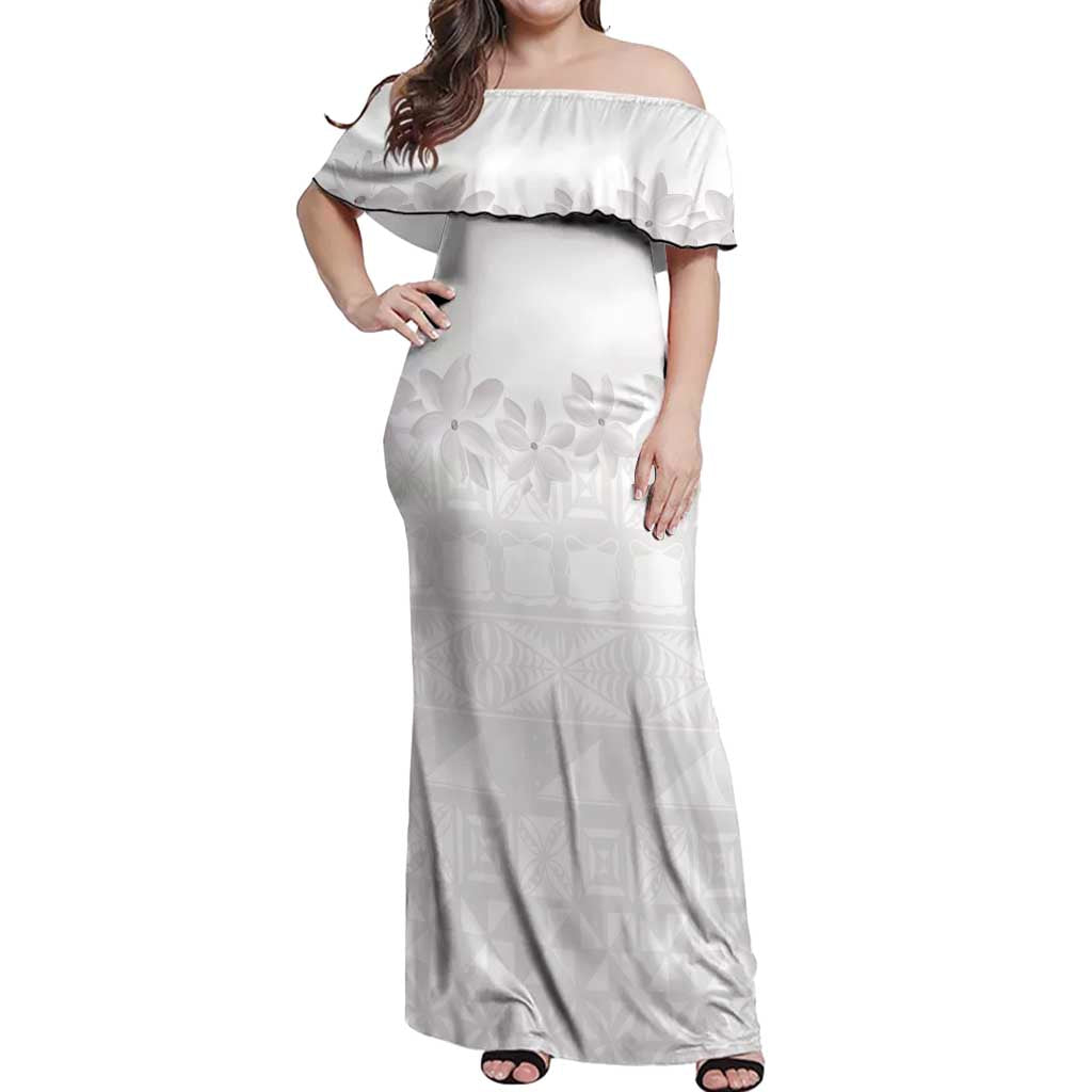 Tokelau White Sunday Off Shoulder Maxi Dress Polynesian Pattern Gardenia Thunbergia