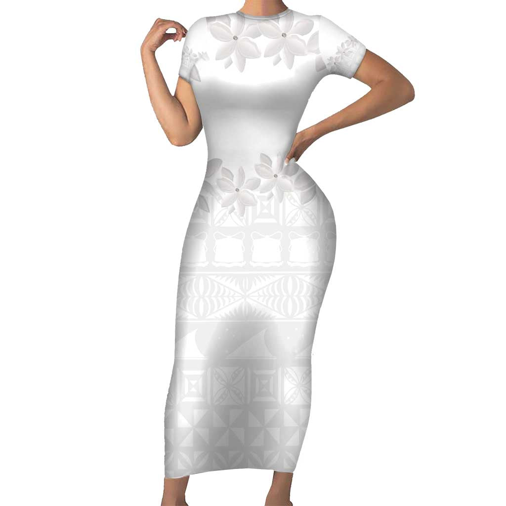 Tokelau White Sunday Short Sleeve Bodycon Dress Polynesian Pattern Gardenia Thunbergia