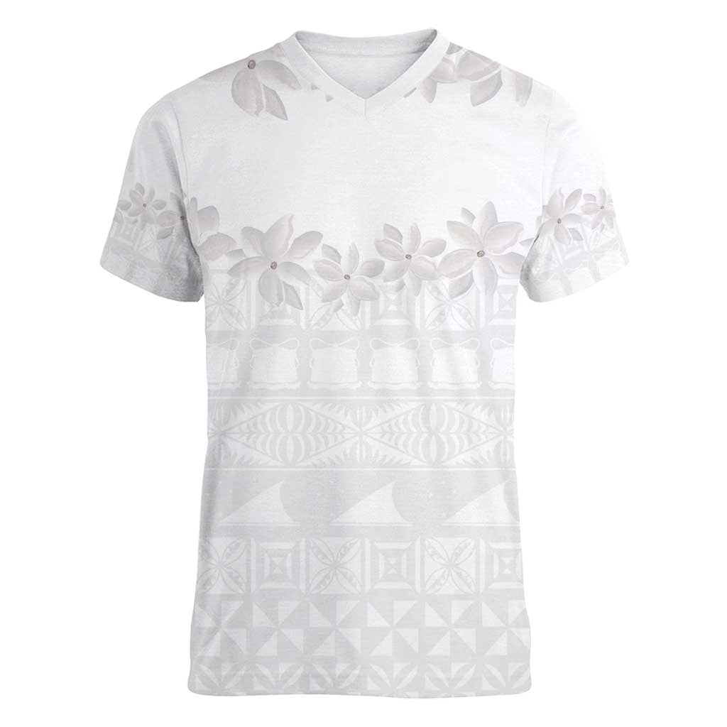 Tokelau White Sunday Women V-Neck T-Shirt Polynesian Pattern Gardenia Thunbergia