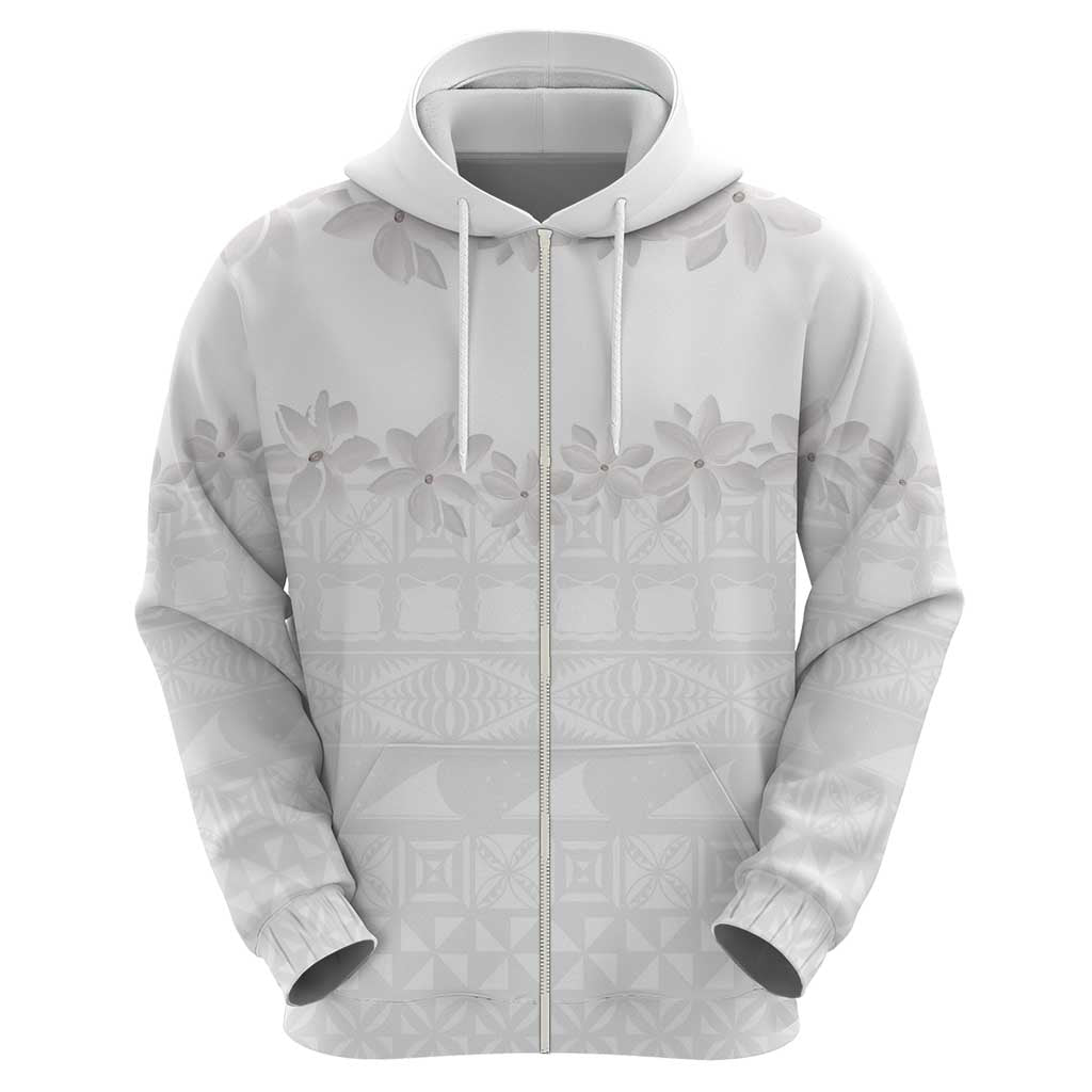 Tokelau White Sunday Zip Hoodie Polynesian Pattern Gardenia Thunbergia LT14 - Polynesian Pride