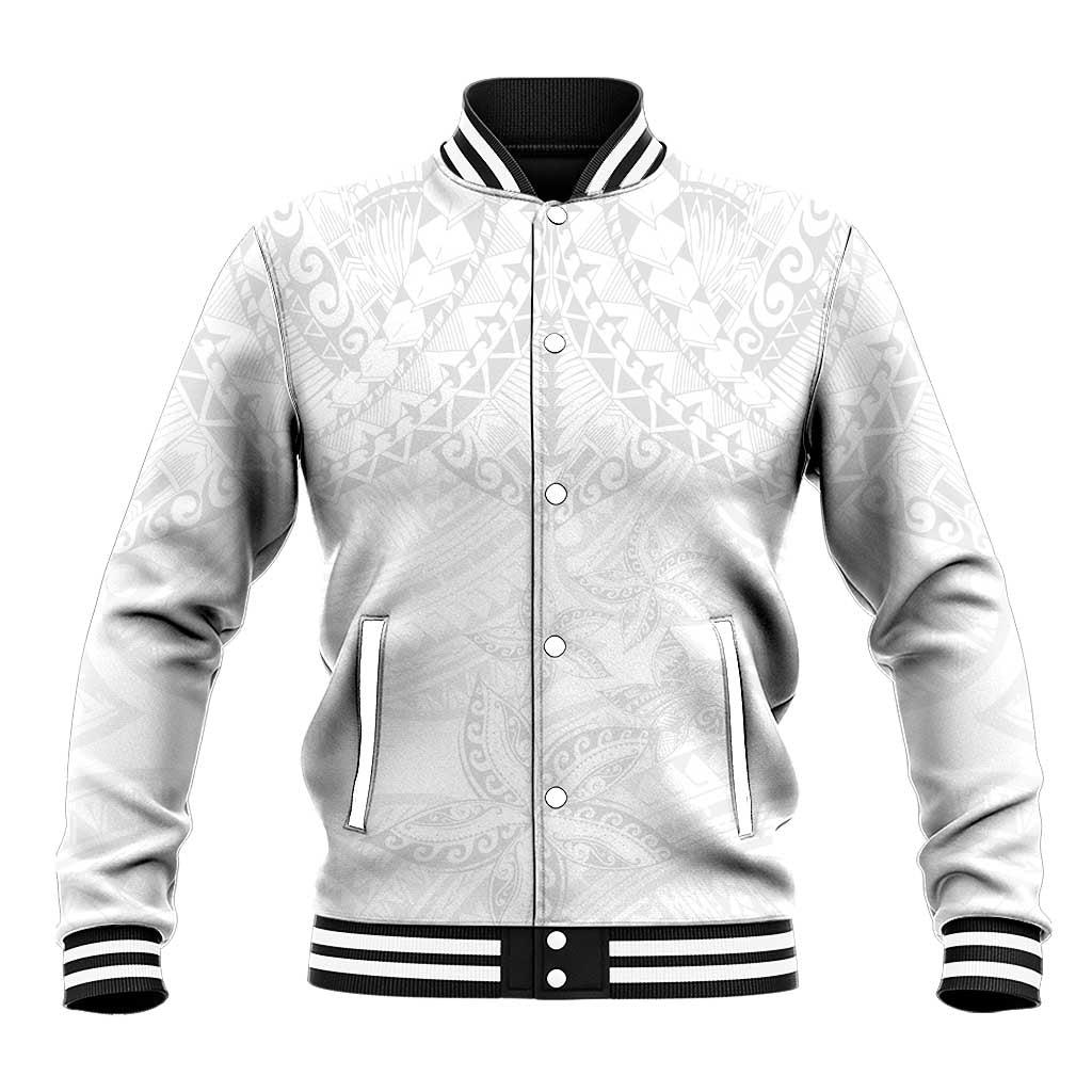 American Samoa White Sunday Baseball Jacket Lotu Tamaiti Plumeria With Samoan Pattern LT14 Unisex White - Polynesian Pride