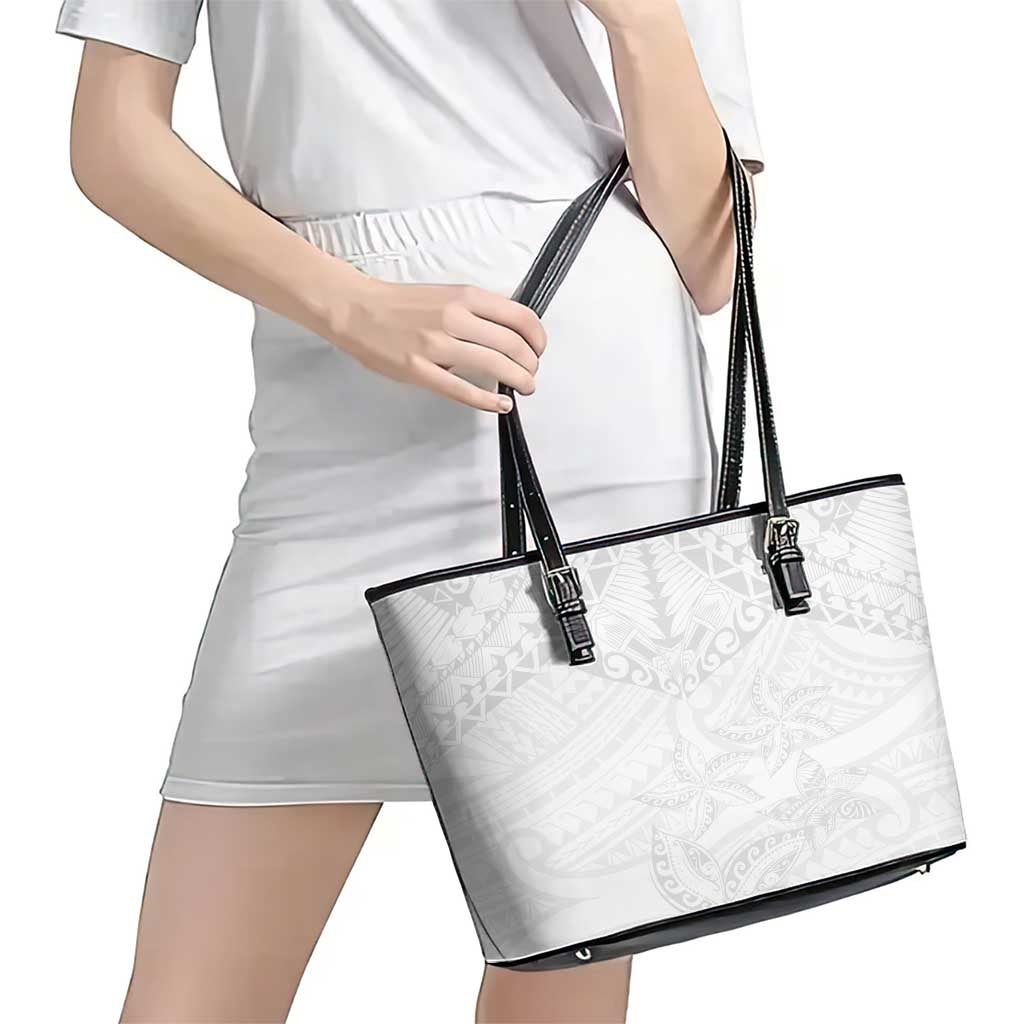 American Samoa White Sunday Leather Tote Bag Lotu Tamaiti Plumeria With Samoan Pattern LT14 - Polynesian Pride