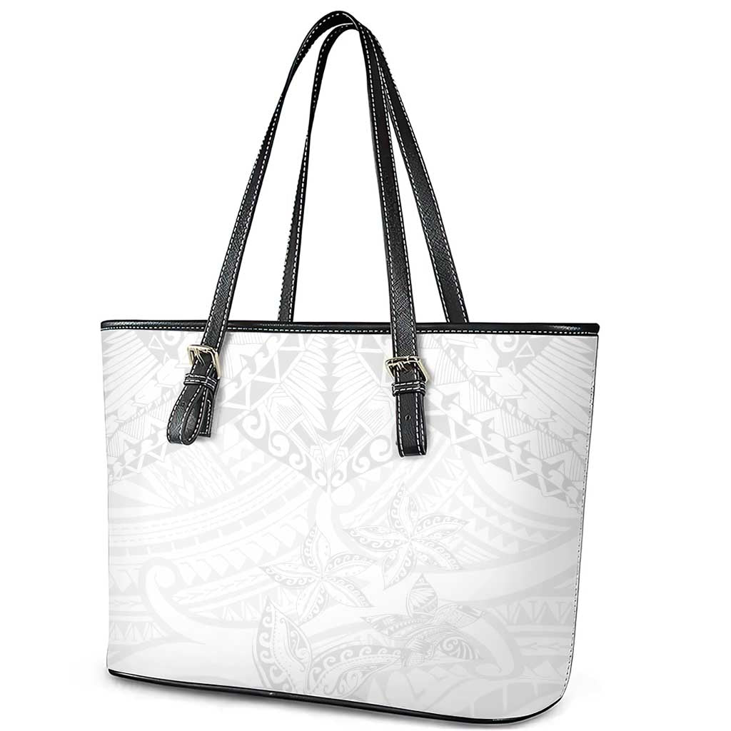 American Samoa White Sunday Leather Tote Bag Lotu Tamaiti Plumeria With Samoan Pattern LT14 - Polynesian Pride