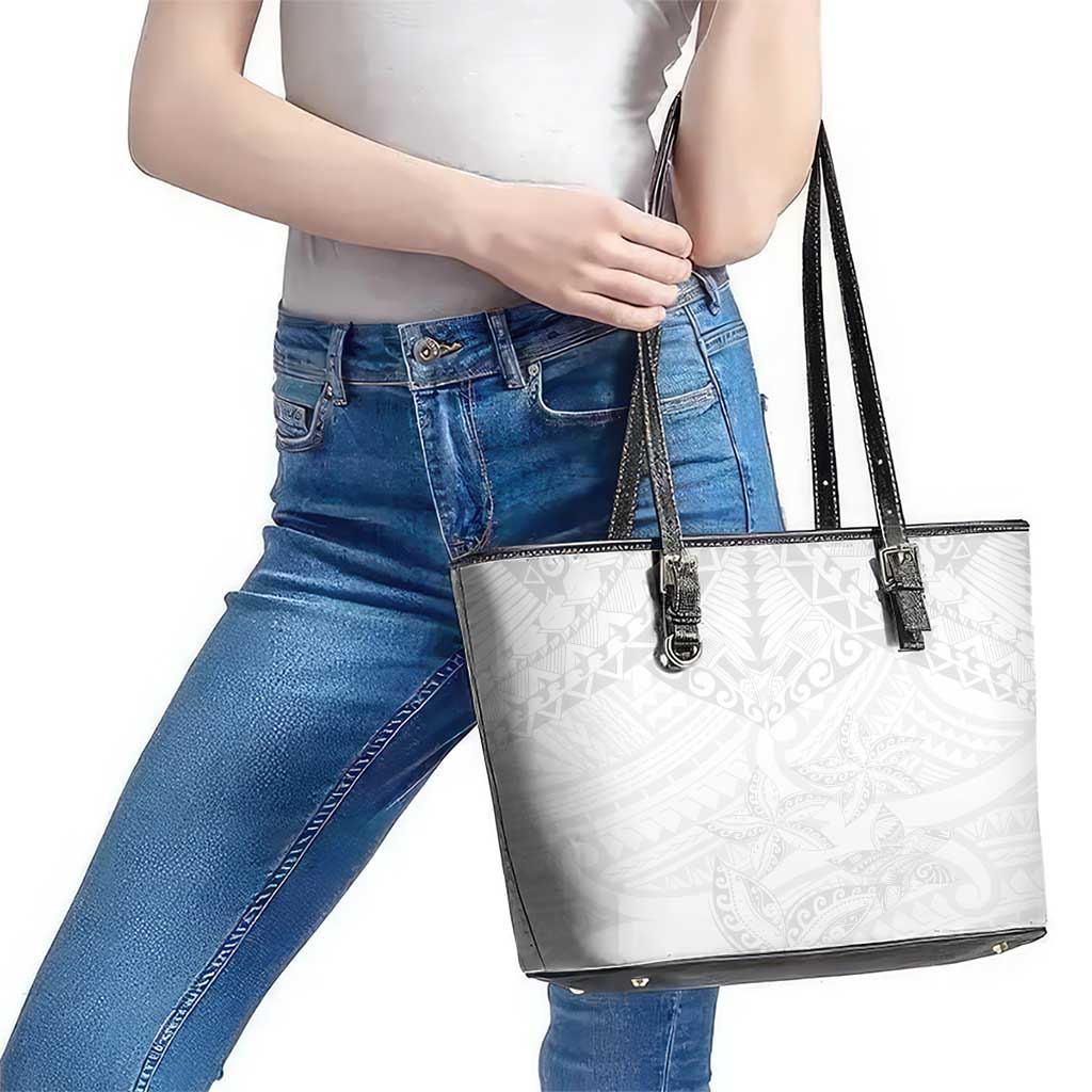 American Samoa White Sunday Leather Tote Bag Lotu Tamaiti Plumeria With Samoan Pattern LT14 - Polynesian Pride