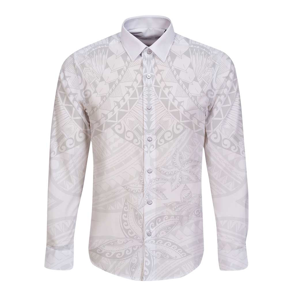 American Samoa White Sunday Long Sleeve Button Shirt Lotu Tamaiti Plumeria With Samoan Pattern LT14 Unisex White - Polynesian Pride