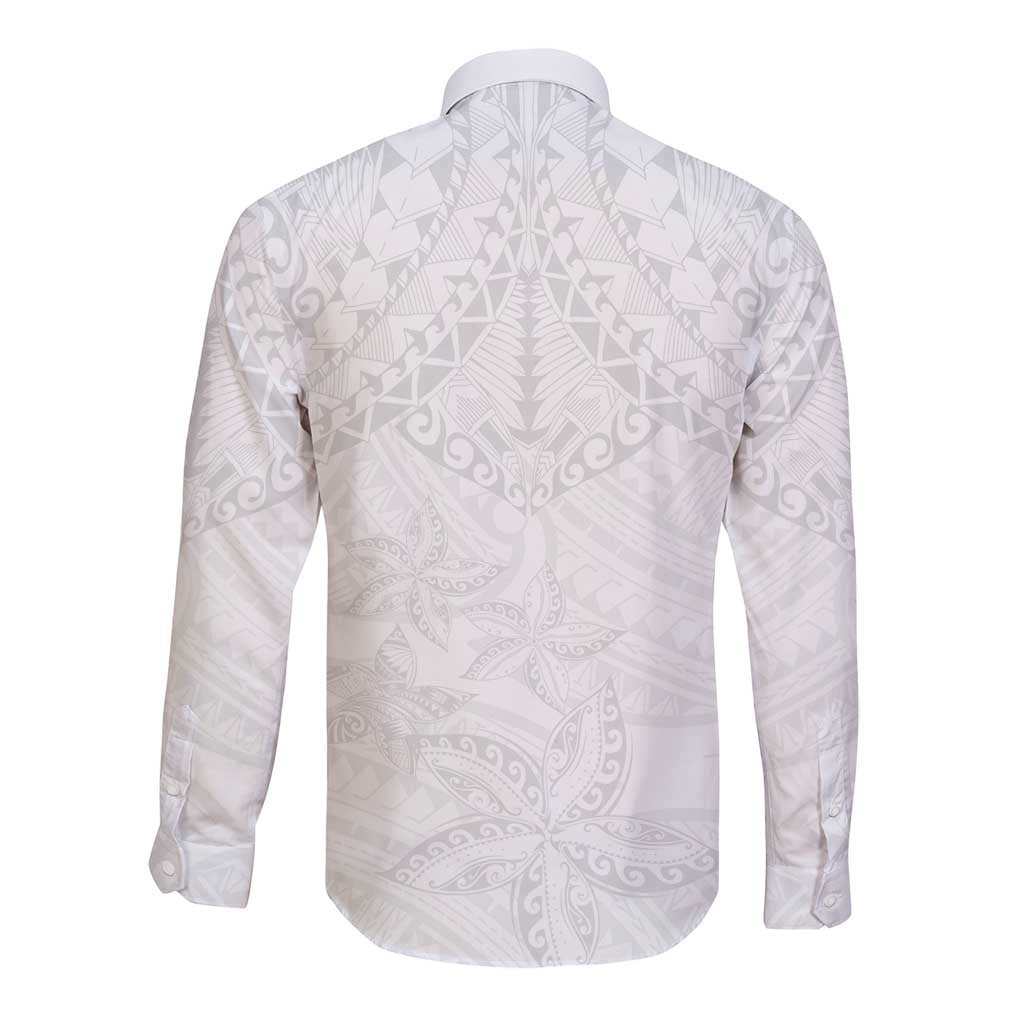 American Samoa White Sunday Long Sleeve Button Shirt Lotu Tamaiti Plumeria With Samoan Pattern LT14 - Polynesian Pride
