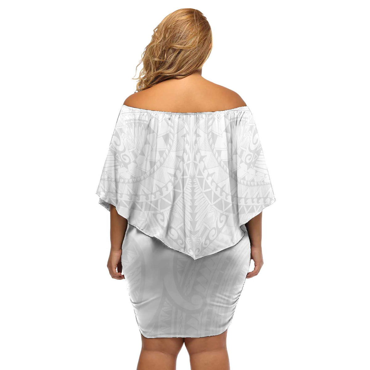 American Samoa White Sunday Off Shoulder Short Dress Lotu Tamaiti Plumeria With Samoan Pattern LT14 - Polynesian Pride
