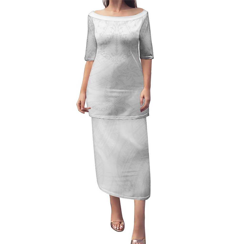 American Samoa White Sunday Puletasi Lotu Tamaiti Plumeria With Samoan Pattern LT14 Long Dress White - Polynesian Pride
