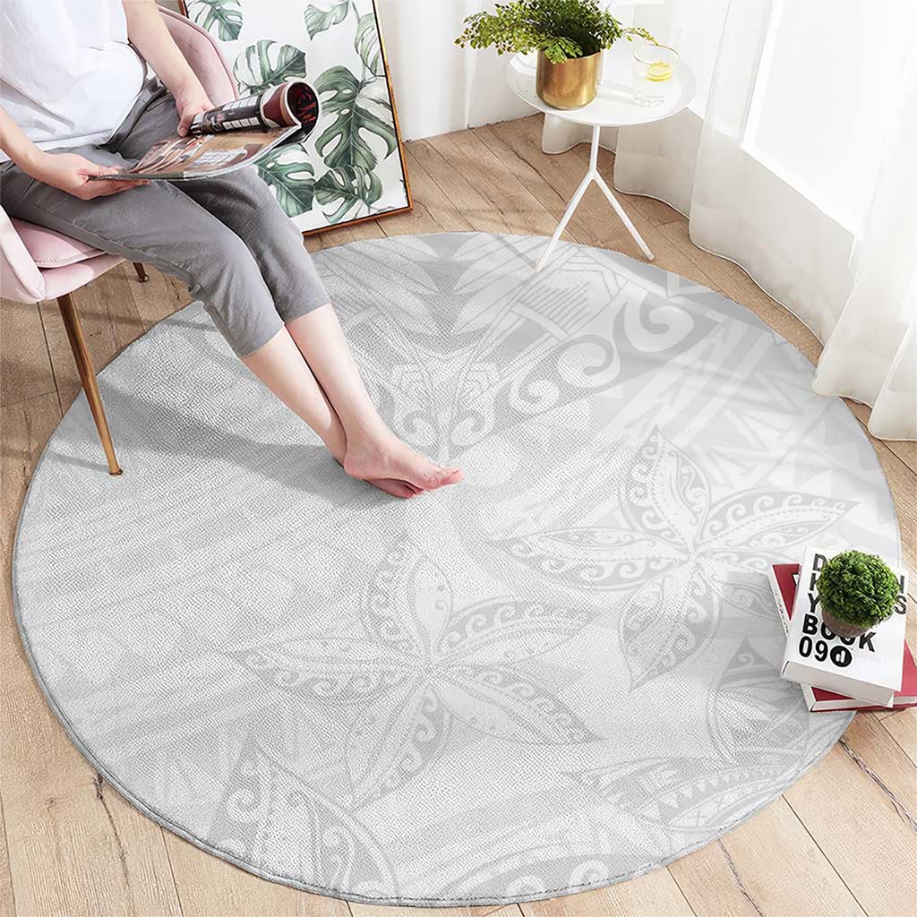 American Samoa White Sunday Round Carpet Lotu Tamaiti Plumeria With Samoan Pattern LT14 - Polynesian Pride