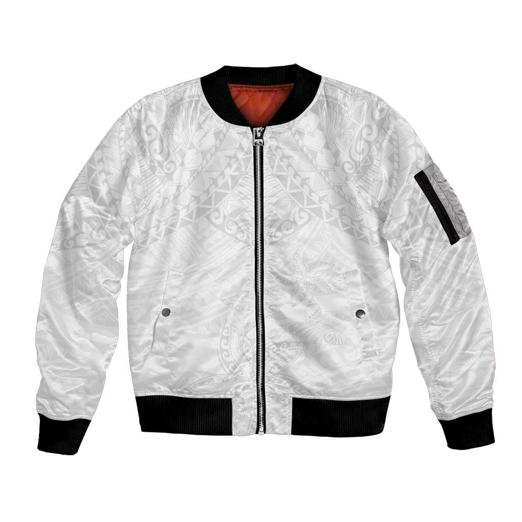 American Samoa White Sunday Sleeve Zip Bomber Jacket Lotu Tamaiti Plumeria With Samoan Pattern LT14 Unisex White - Polynesian Pride