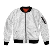 American Samoa White Sunday Sleeve Zip Bomber Jacket Lotu Tamaiti Plumeria With Samoan Pattern LT14 Unisex White - Polynesian Pride