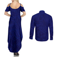 Blue Polynesia Couples Matching Summer Maxi Dress and Long Sleeve Button Shirt Polynesian Pattern Mix Plumeria LT14 - Polynesian Pride