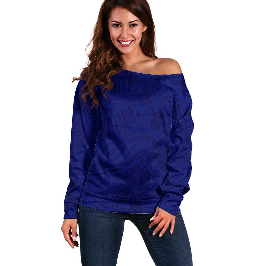 Blue Polynesia Off Shoulder Sweater Polynesian Pattern Mix Plumeria LT14 Women Blue - Polynesian Pride