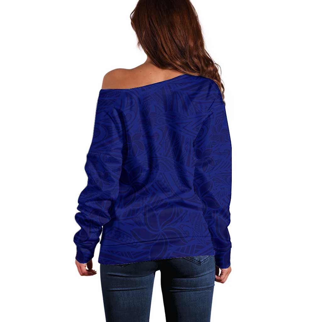 Blue Polynesia Off Shoulder Sweater Polynesian Pattern Mix Plumeria LT14 - Polynesian Pride