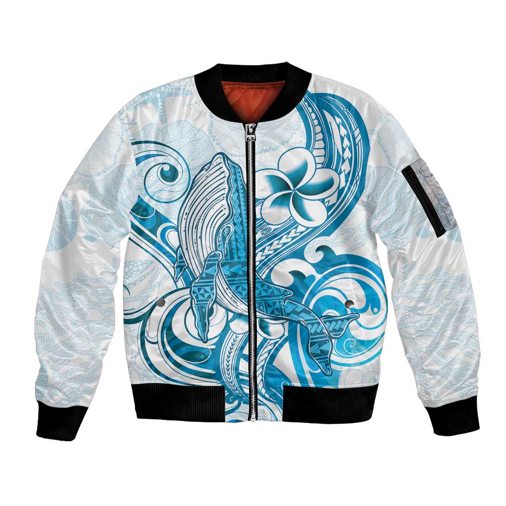 Blue Hawaii Humpback Whale Sleeve Zip Bomber Jacket Polynesian Tribal Ocean Vibes LT14 Unisex Blue - Polynesian Pride