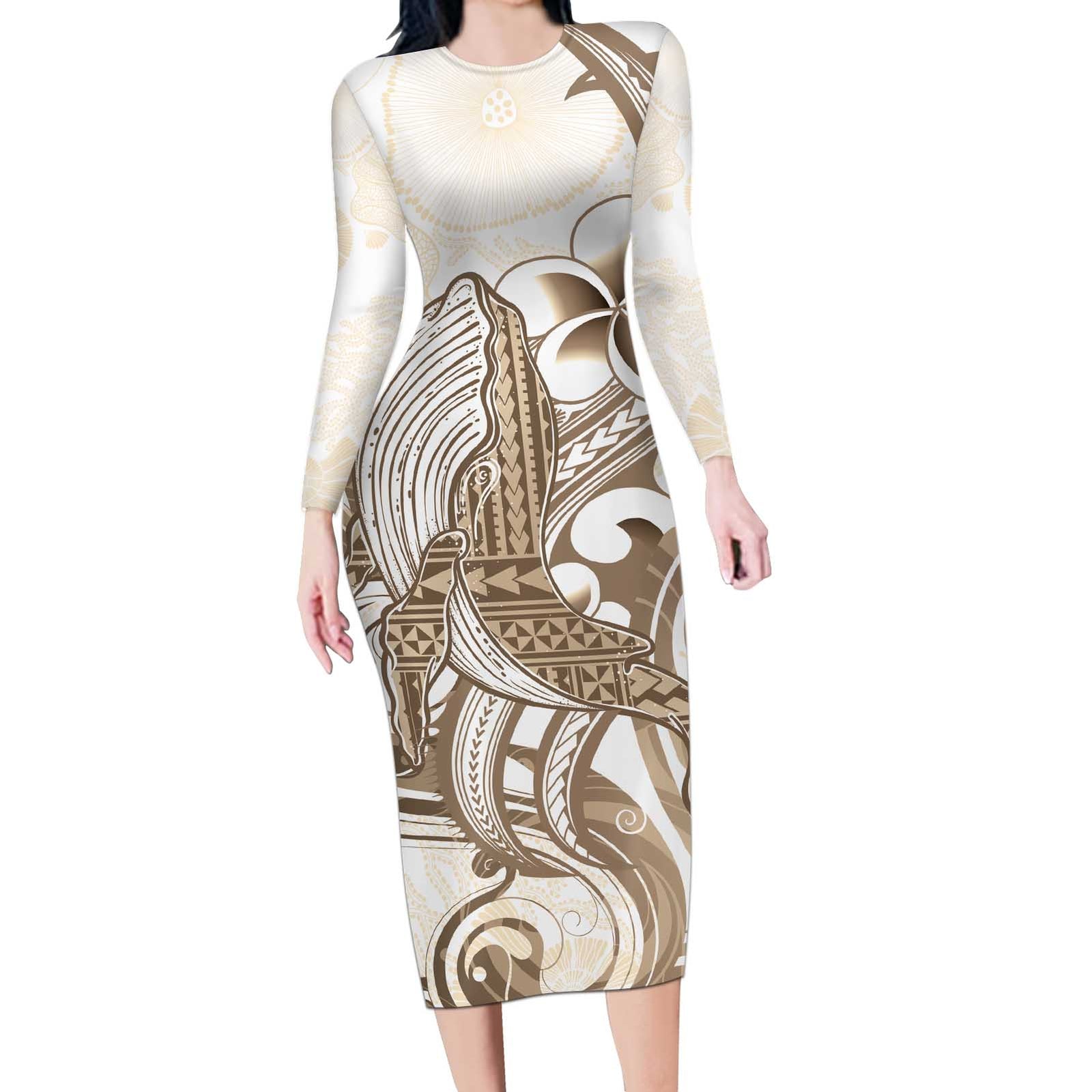 Brown Hawaii Humpback Whale Long Sleeve Bodycon Dress Polynesian Tribal Ocean Vibes LT14 Long Dress Brown - Polynesian Pride