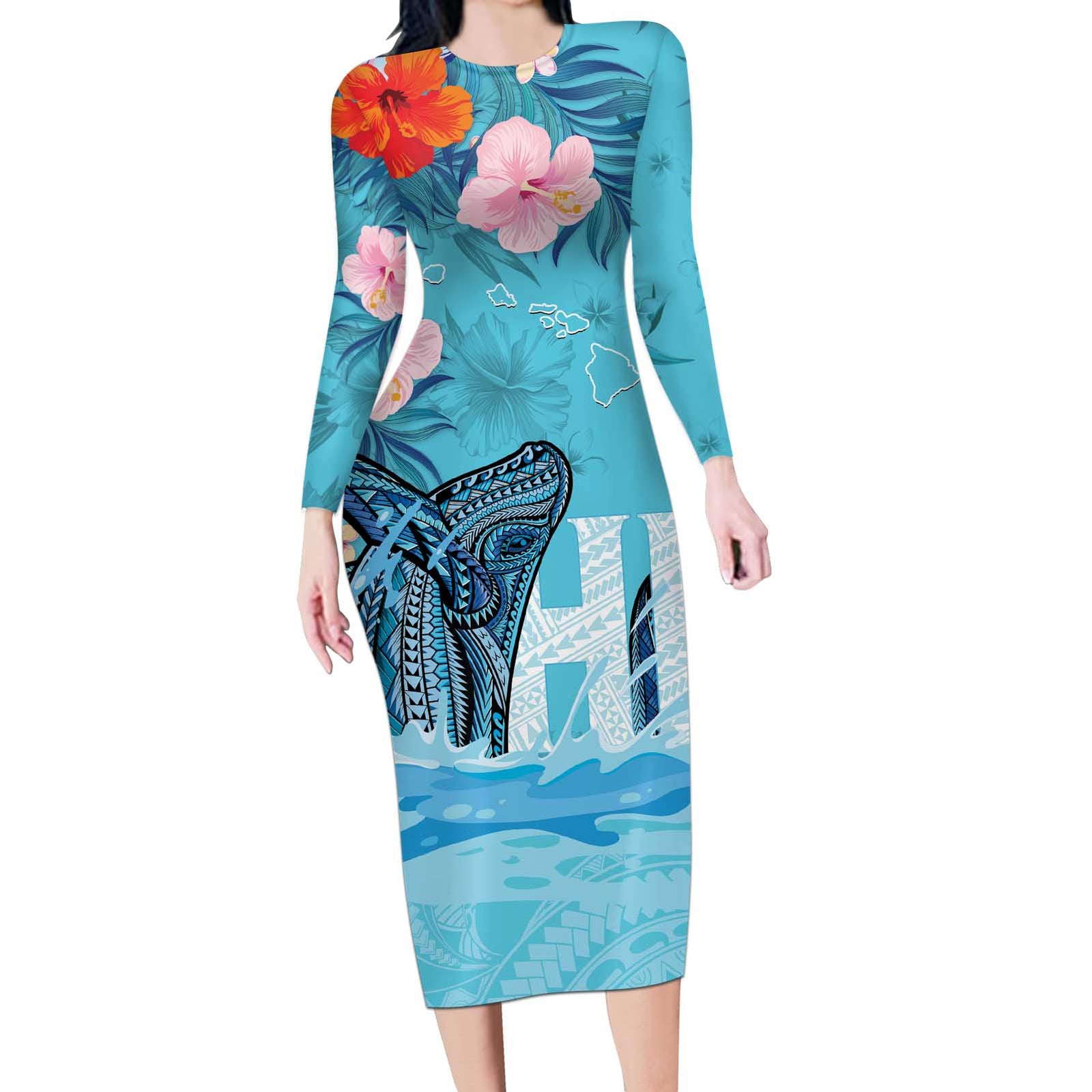 Personalised Hawaii Long Sleeve Bodycon Dress Humpback Whale Tattoo With Tropical Flowers LT14 Long Dress Blue - Polynesian Pride