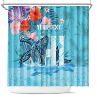 Personalised Hawaii Shower Curtain Humpback Whale Tattoo With Tropical Flowers LT14 Blue - Polynesian Pride