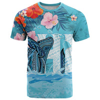 Personalised Hawaii T Shirt Humpback Whale Tattoo With Tropical Flowers LT14 Blue - Polynesian Pride