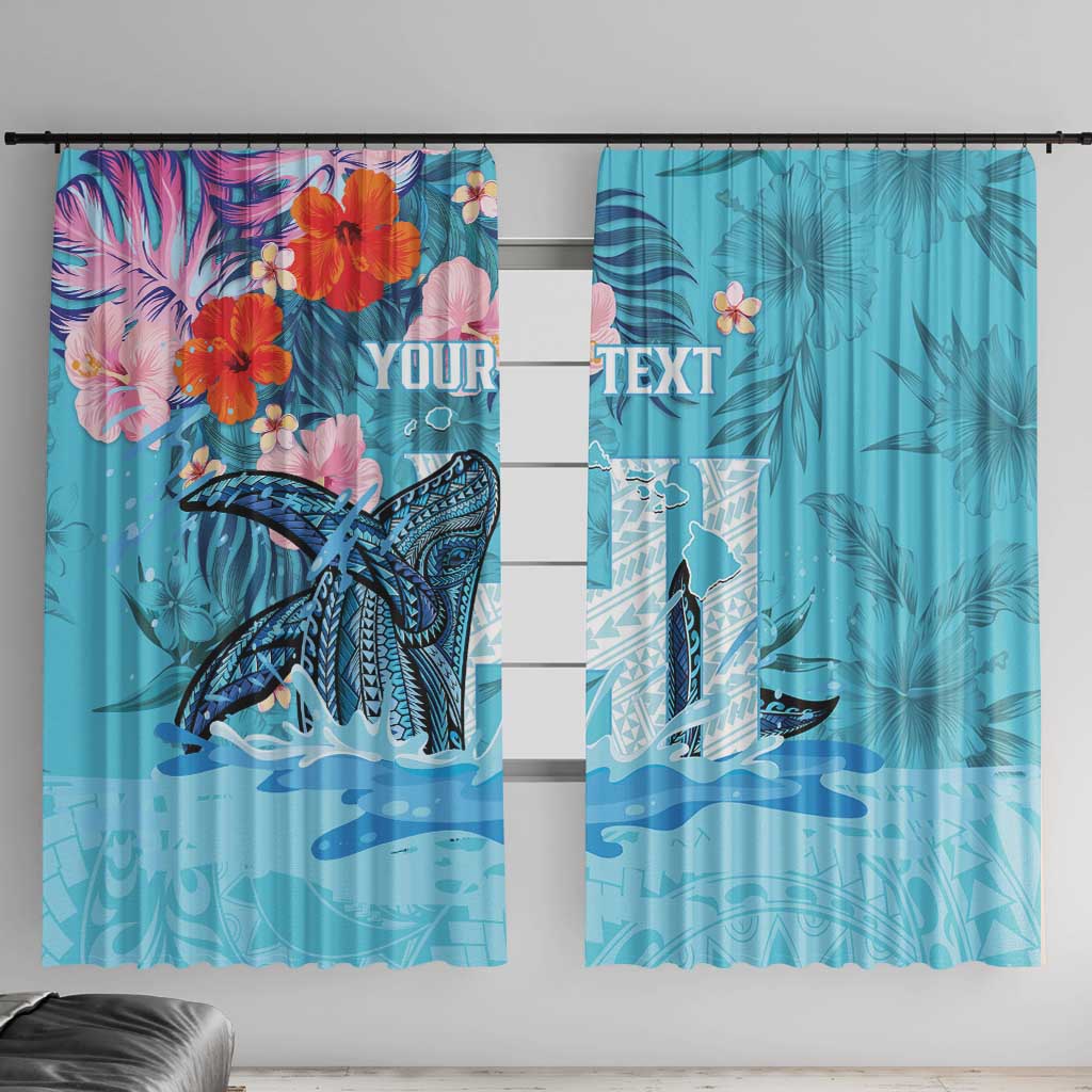 Personalised Hawaii Window Curtain Humpback Whale Tattoo With Tropical Flowers LT14 With Hooks Blue - Polynesian Pride