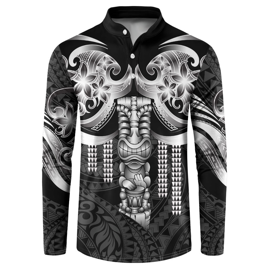Tiki Drum Hawaii Button Sweatshirt Hawaiian Kakau Tattoo Style LT14 Black - Polynesian Pride
