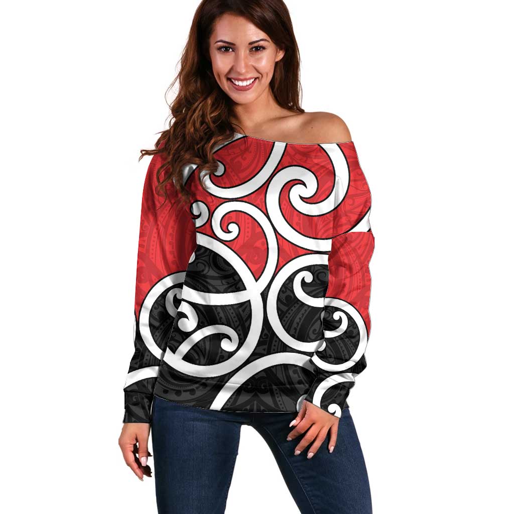 New Zealand Off Shoulder Sweater Maori Koru Tino Rangatiratanga Color LT14 Women Red - Polynesian Pride