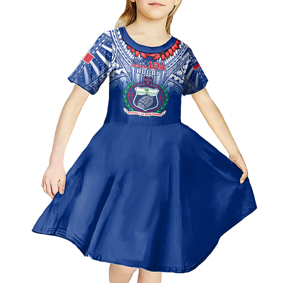 Samoa Rugby Kid Short Sleeve Dress 2023 Go Manu Samoa With Ula Fala Style LT14 - Polynesian Pride