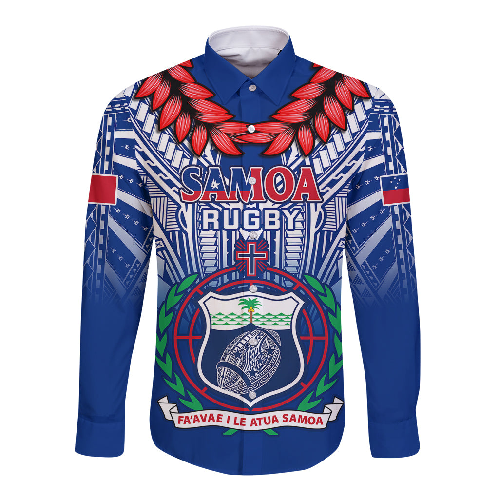 Samoa Rugby Long Sleeve Button Shirt 2023 Go Manu Samoa With Ula Fala Style LT14 Unisex Blue - Polynesian Pride