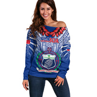 Samoa Rugby Off Shoulder Sweater 2023 Go Manu Samoa With Ula Fala Style LT14 Women Blue - Polynesian Pride