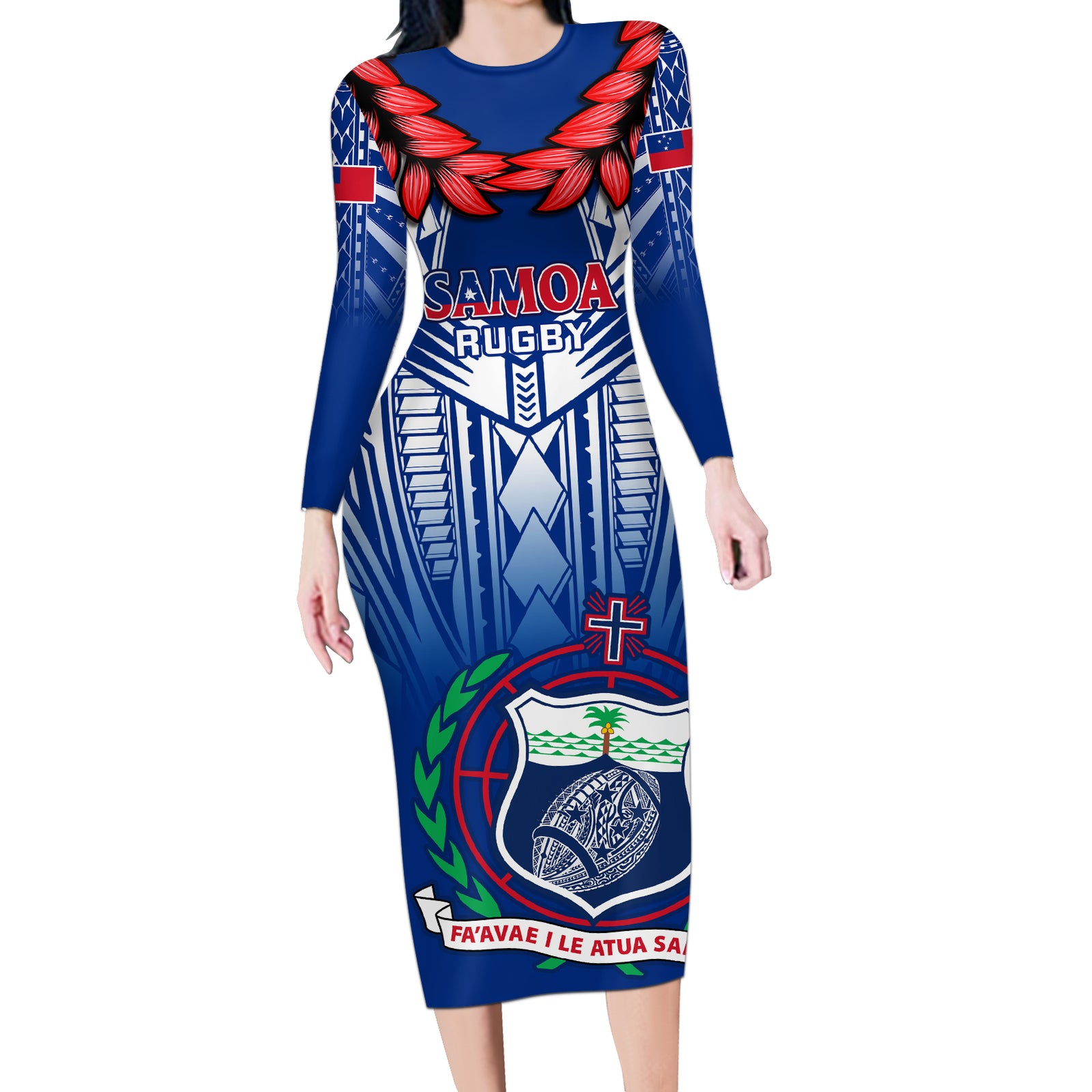 Custom Samoa Rugby Long Sleeve Bodycon Dress 2023 Go Manu Samoa With Ula Fala Style LT14 Long Dress Blue - Polynesian Pride