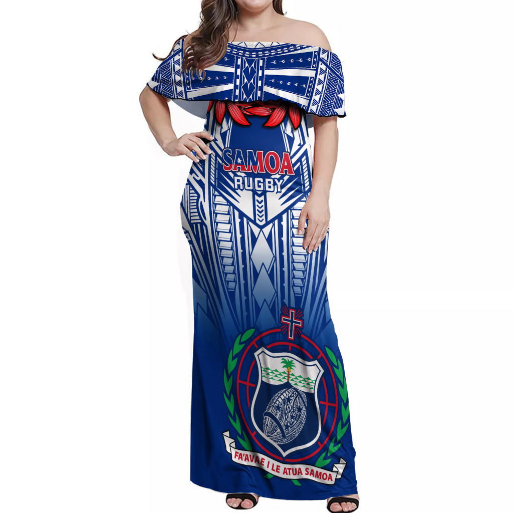 Custom Samoa Rugby Off Shoulder Maxi Dress 2023 Go Manu Samoa With Ula Fala Style LT14 Women Blue - Polynesian Pride