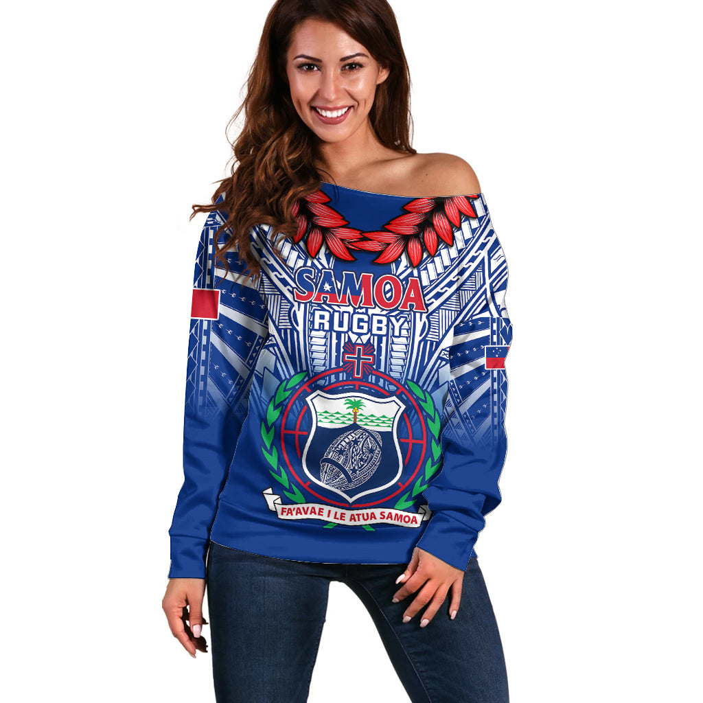 Custom Samoa Rugby Off Shoulder Sweater 2023 Go Manu Samoa With Ula Fala Style LT14 Women Blue - Polynesian Pride