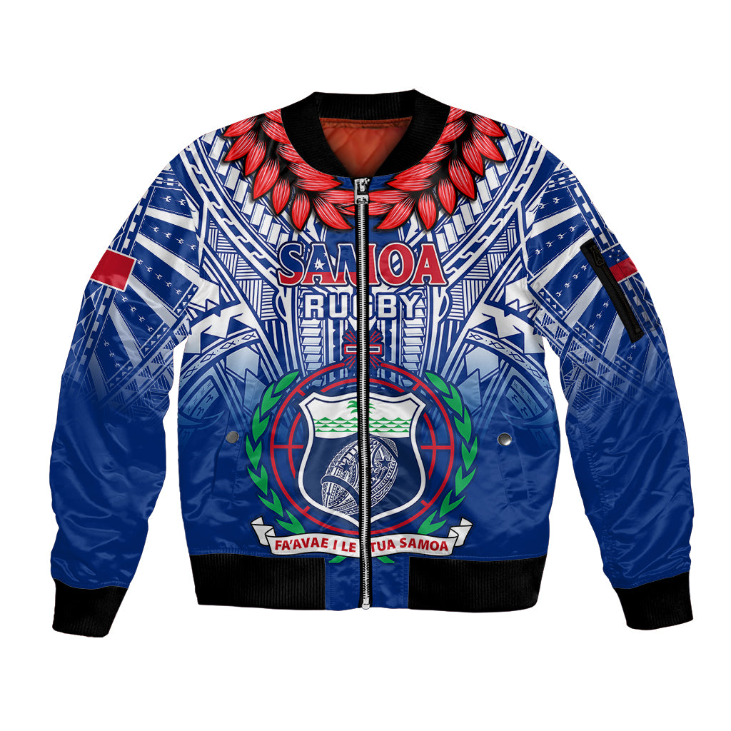Custom Samoa Rugby Sleeve Zip Bomber Jacket 2023 Go Manu Samoa With Ula Fala Style LT14 Unisex Blue - Polynesian Pride
