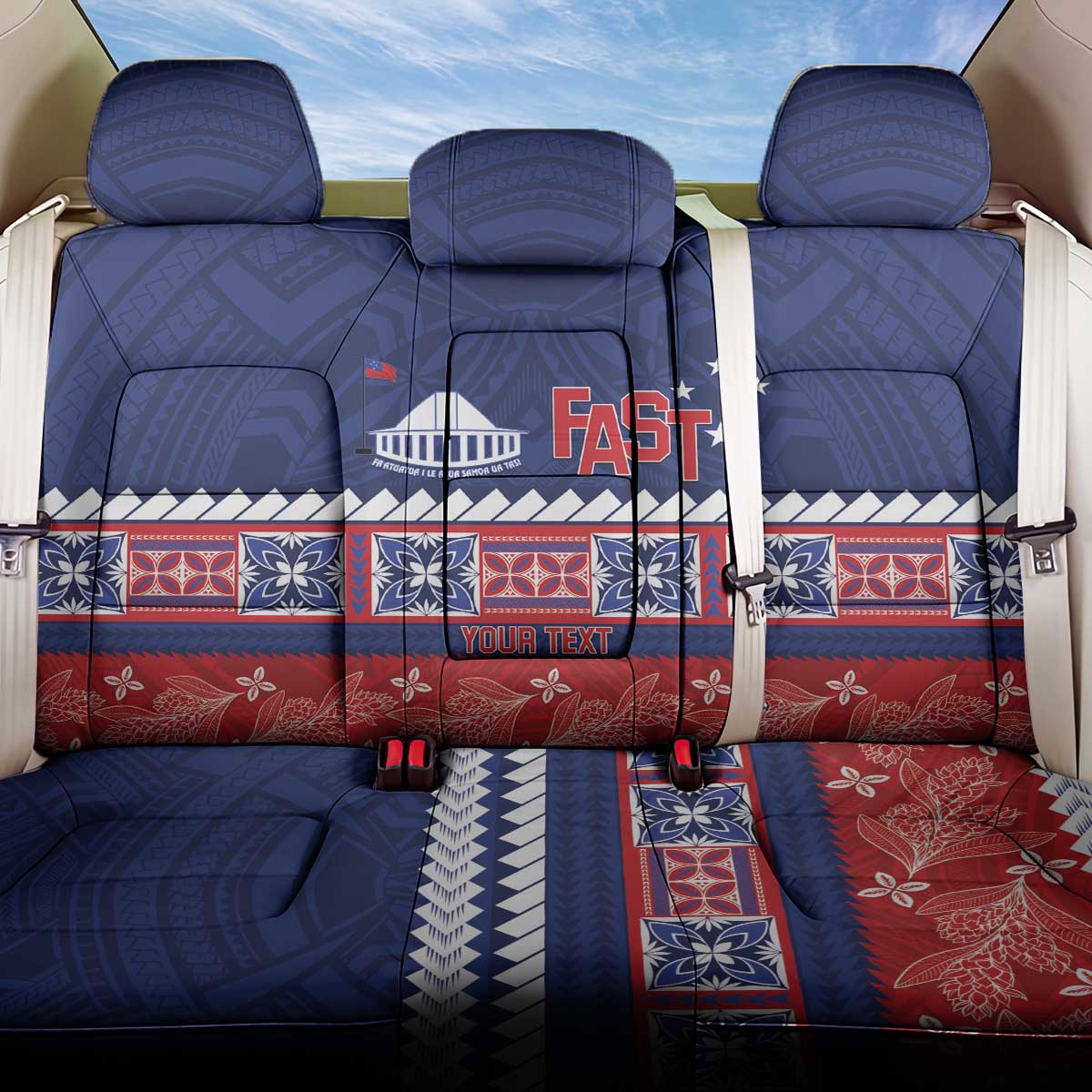 Personalised FAST Samoa Siapo Back Car Seat Cover Teuila Flowers Samoan Pattern LT14 One Size Blue - Polynesian Pride