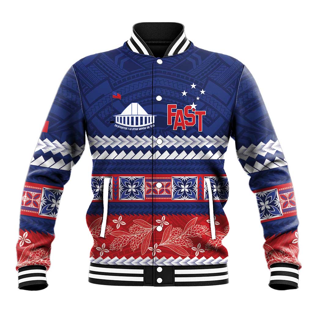 Personalised FAST Samoa Siapo Baseball Jacket Teuila Flowers Samoan Pattern LT14 Unisex Blue - Polynesian Pride