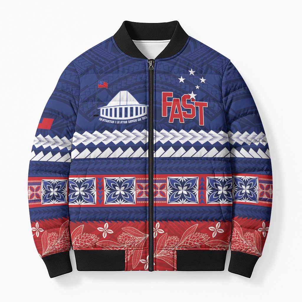 Personalised FAST Samoa Siapo Bomber Puffer Jacket Teuila Flowers Samoan Pattern LT14 Unisex Blue - Polynesian Pride
