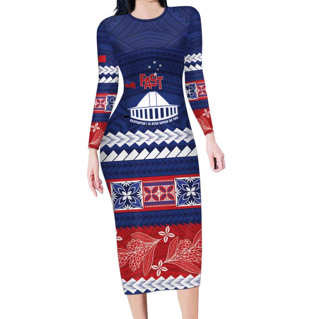 Personalised FAST Samoa Siapo Long Sleeve Bodycon Dress Teuila Flowers Samoan Pattern LT14 Long Dress Blue - Polynesian Pride