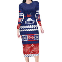 Personalised FAST Samoa Siapo Long Sleeve Bodycon Dress Teuila Flowers Samoan Pattern LT14 Long Dress Blue - Polynesian Pride