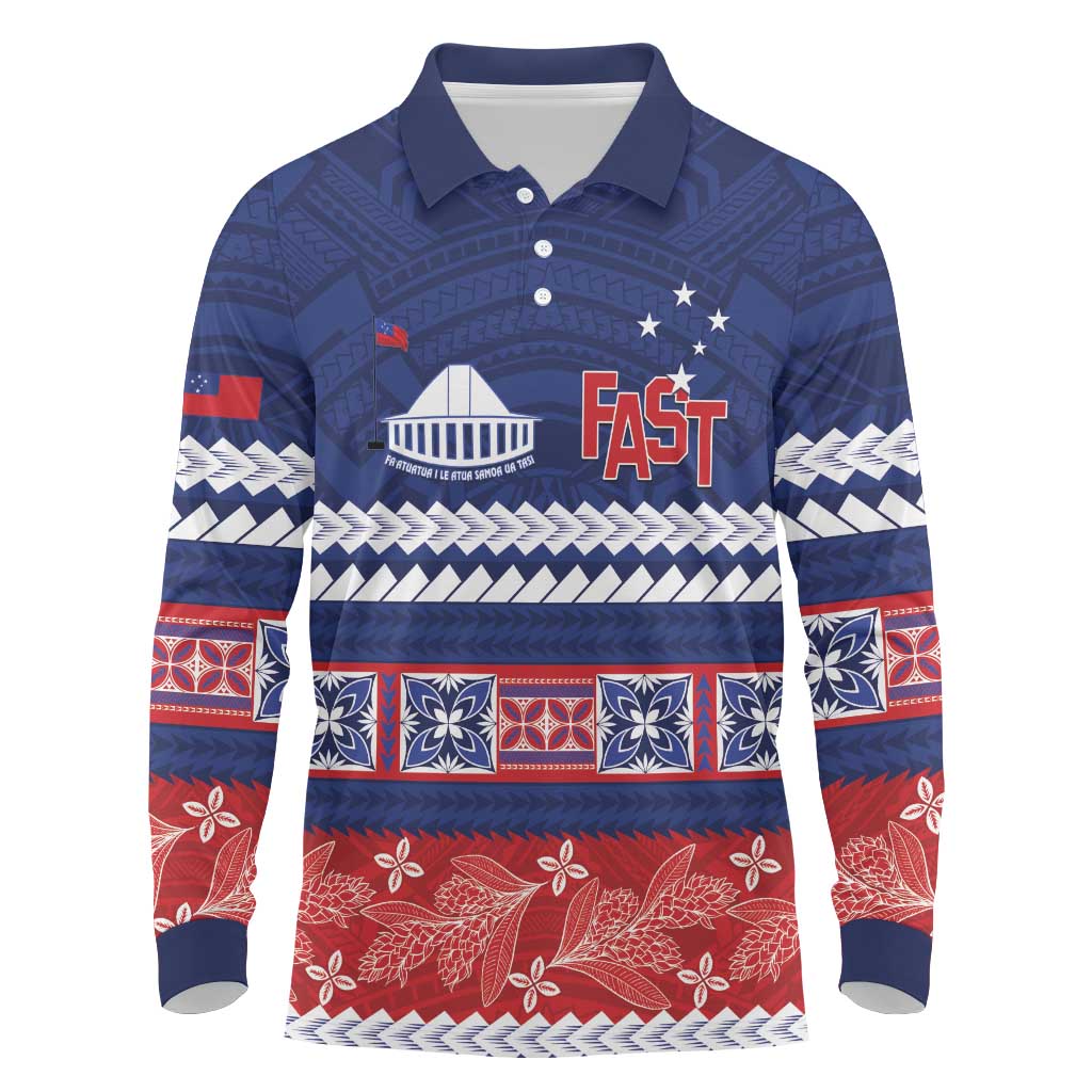 Personalised FAST Samoa Siapo Long Sleeve Polo Shirt Teuila Flowers Samoan Pattern LT14 Blue - Polynesian Pride