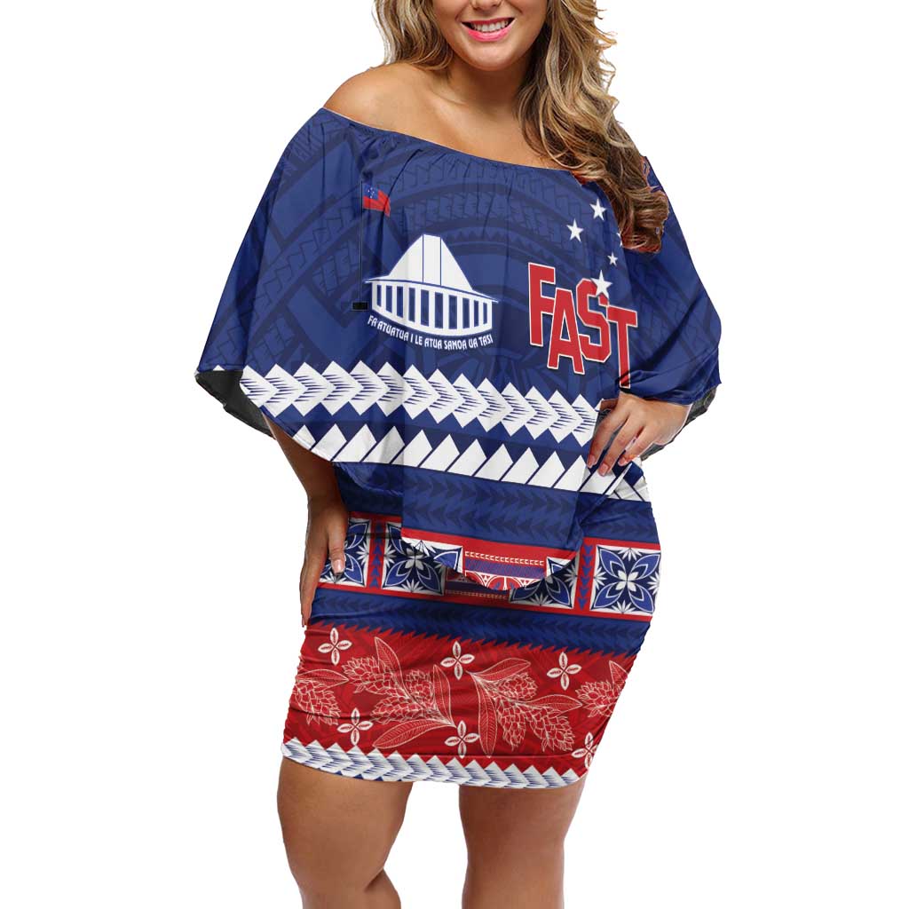 Personalised FAST Samoa Siapo Off Shoulder Short Dress Teuila Flowers Samoan Pattern LT14 Women Blue - Polynesian Pride