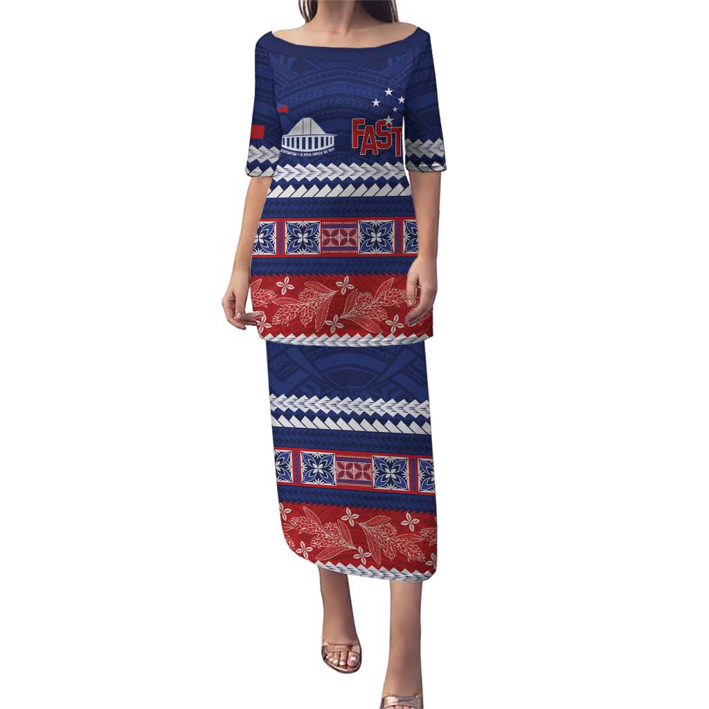 Personalised FAST Samoa Siapo Puletasi Teuila Flowers Samoan Pattern LT14 Long Dress Blue - Polynesian Pride